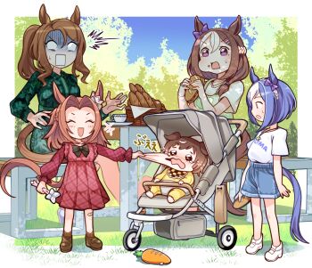 aged_down animal_ears baby blue_hair brown_hair buena_vista_(umamusume) carrot casual cesario_(umamusume) cheek_pinching commentary crying food full_body horse_ears horse_girl horse_tail kawakami_princess_(umamusume) king_halo_(umamusume) korean_commentary pinching purple_eyes sbql_(niaunclefan) shorts special_week_(umamusume) standing surprised tail tears turn_pale umamusume wide-eyed