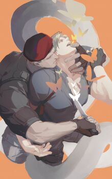 2boys absurdres bara battle biceps black_gloves blonde_hair bug butterfly chinese_commentary curtained_hair dagger fingerless_gloves gloves hand_on_another's_chin hand_on_another's_face hand_on_another's_neck highres holding holding_dagger holding_knife holding_weapon insect jack_krauser knife leon_s._kennedy male_focus multiple_boys muscular muscular_male red_headwear resident_evil resident_evil_4 resident_evil_4_(remake) reverse_grip scar scar_on_face scar_on_mouth shirt short_hair symbolism t-shirt tearing_clothes torn_clothes vetania weapon yaoi