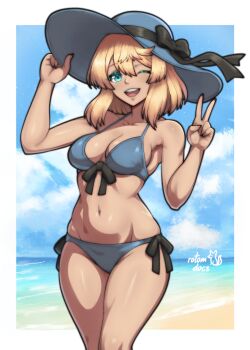 1girl absurdres artist_name beach bikini blonde_hair blue_bikini blue_hat blue_sky breasts bridget_(guilty_gear) cloud commentary commission cowboy_shot english_commentary front-tie_bikini_top front-tie_top genderswap genderswap_(mtf) green_eyes guilty_gear hair_between_eyes hand_on_headwear hands_up hat highres ko-fi_commission light_blush medium_breasts nail_polish navel one_eye_closed open_mouth rotomdocs side-tie_bikini_bottom sidelocks signature sky smile solo stomach sun_hat swimsuit teeth upper_teeth_only v wide_brim
