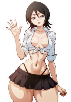 1girl 2025 black_hair bleach breasts cleavage collarbone female_focus g-moreartworks highleg highleg_panties highres kuchiki_rukia lips looking_at_viewer medium_hair miniskirt navel panties red_nails revealing_clothes shirt simple_background skindentation skirt small_breasts solo solo_focus standing stomach thick_thighs thighs thighs_bigger_than_head toned toned_female underwear white_background white_shirt wide_hips