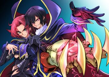 1boy 1girl aqua_background aqua_eyes arm_around_waist ascot black_gloves black_hair black_jacket breasts brown_eyes chess_piece clawed_gauntlets closed_mouth code_geass crossed_bangs furrowed_brow gloves glowing glowing_eyes gold_trim gradient_background hair_between_eyes high_collar highres holding holding_chess_piece jacket kouzuki_kallen lelouch_vi_britannia medium_breasts mochi_mangaka parted_bangs parted_lips pink_eyes pink_hair purple_jacket short_hair smile torn_clothes underboob upper_body white_ascot zero_(code_geass)