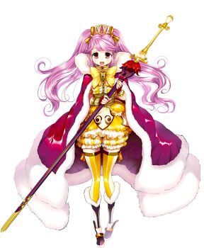 1girl artist_request bad_source boots bow breasts crown frills full_body fur-trimmed_boots fur_trim game_cg hair_bow holding holding_staff lilia_(sennen_sensou_aigis) multiple_hair_bows official_art pink_eyes purple_hair sennen_sensou_aigis solo staff teeth third-party_source transparent_background upper_teeth_only