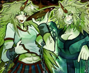 1girl abs arm_up blonde_hair blue_kimono blue_skirt blush_stickers breasts chain cleavage clothes_lift commentary cowboy_shot cuffs cup english_commentary fangs fingernails floral_print green_theme grin holding holding_cup horns hoshiguma_yuugi hoshiguma_yuugi_(kimono) japanese_clothes kimono large_breasts lifting_own_clothes long_hair medium_hair midriff multiple_views muscular muscular_female nexally obi ponytail red_horns red_skirt red_trim sakazuki sash shackles sharp_fingernails sharp_teeth shirt shirt_lift short_sleeves sideways_glance single_horn skirt smile star_(symbol) striped_clothes striped_skirt sweat teeth touhou two-tone_skirt veins veiny_arms vertical-striped_clothes vertical-striped_skirt very_long_hair white_shirt