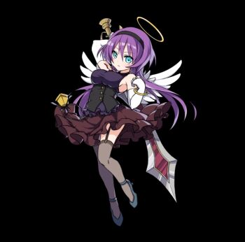 1girl angel angel_wings arm_up black_background black_headband blue_eyes blue_shoes breasts brown_skirt closed_mouth elbow_gloves feathered_wings frilled_skirt frills full_body gloves grey_thighhighs hair_between_eyes halo headband high_heels holding holding_sword holding_weapon large_breasts leaning_back long_hair melich_(merc_storia) merc_storia merc_storia_art_team official_art purple_hair purple_shirt shirt shoes sidelocks simple_background skirt sleeveless sleeveless_shirt solo sword tachi-e thighhighs underbust weapon white_gloves white_wings wings