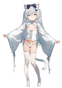 1girl :3 absurdres animal_ear_fluff animal_ears animal_print bandaid bandaid_on_face bandaid_on_finger bandaid_on_hand bandaid_on_nose bandaids_on_nipples blue_eyes bow bow_panties cameltoe cat_ears cat_girl cat_panties cat_print cat_tail commission corset eco_376124 fang feet flat_chest full_body gluteal_fold hair_bow hair_ornament head_tilt highres loli long_hair long_sleeves looking_at_viewer original panties pasties pixiv_commission print_panties shrug_(clothing) side-tie_panties skindentation slit_pupils smug solo standing tail thigh_gap thighhighs thighs toes two_side_up underwear very_long_hair white_corset white_panties white_thighhighs wide_sleeves x_hair_ornament