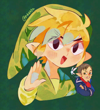 2boys adversarial_noise artist_name ascot blonde_hair blue_jacket brown_hair ciela commentary_request cropped_torso crossed_arms fairy green_background green_hat green_tunic hat highres jacket linebeck link long_sleeves male_focus multiple_boys nintendo pointy_ears red_ascot simple_background solo_focus the_legend_of_zelda the_legend_of_zelda:_phantom_hourglass tokuura toon_link tunic twitter_username watermark watermark_grid