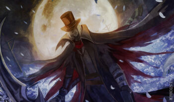 1boy absurdres artist_name bloodborne boss_fight cape closed_mouth commentary english_commentary falling_petals field flower flower_field gehrman_the_first_hunter hat highres holding holding_scythe holding_weapon huge_moon inktober male_focus moon old old_man petals scythe solo standing temmaru1 top_hat torn_cape torn_clothes weapon white_hair white_petals
