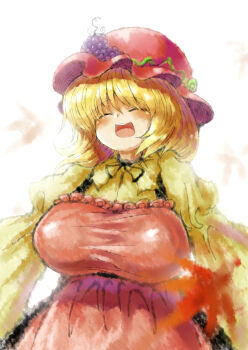 1girl 2b-ge ^_^ aki_minoriko blonde_hair breasts chinese_commentary closed_eyes dress falling_leaves grape_hat_ornament happy hat hat_ornament highres large_breasts leaf medium_hair one-hour_drawing_challenge puffy_sleeves red_dress red_hat shirt smile solo touhou white_background yellow_shirt