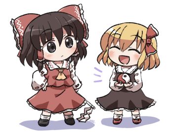2girls :d ^_^ ascot bare_shoulders black_shoes black_skirt black_vest blonde_hair blush bow brown_eyes brown_hair chibi chibi_only closed_eyes closed_mouth collared_shirt commentary_request contrast_collar detached_sleeves frilled_bow frilled_hair_tubes frilled_skirt frills full_body gohei hair_bow hair_ribbon hair_tubes hakurei_reimu hand_on_own_hip holding holding_gohei long_sleeves multiple_girls notice_lines open_mouth orb red_ascot red_bow red_ribbon red_shirt red_shoes red_skirt ribbon ribbon-trimmed_sleeves ribbon_trim rokugou_daisuke rumia shirt shoes short_hair signature simple_background skirt skirt_set sleeveless sleeveless_shirt smile socks standing touhou vest white_background white_shirt white_sleeves white_socks yellow_ascot yin_yang yin_yang_orb