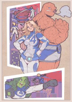 absurdres animification ben_grimm biceps blonde_hair blue_eyes blue_jumpsuit bodysuit breasts colored_skin fantastic_four flying gloves green_lips green_skin highres johnny_storm jumpsuit long_hair looking_at_viewer marvel marvel_rivals michel_teru muscular muscular_female reed_richards she-hulk spider-man spider-man_(series) spider-verse sue_storm superhero_costume
