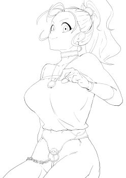 1girl absurdres breasts chrono_trigger closed_mouth greyscale highres jewelry large_breasts long_hair looking_at_viewer marle_(chrono_trigger) monochrome necklace ponytail simple_background smile solo white_background