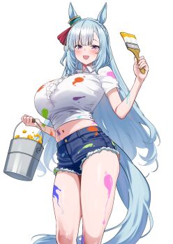 1girl alternate_costume animal_ears blue_hair blue_shorts blush braid breasts bucket collared_shirt commentary_request crown_braid ear_ornament feet_out_of_frame herohero_(higashi_no_dou) highres holding holding_bucket holding_paintbrush horse_ears horse_girl horse_tail large_breasts long_hair looking_at_viewer mejiro_ardan_(umamusume) midriff navel open_mouth paint_on_body paint_on_clothes paint_splatter paintbrush purple_eyes shirt short_shorts short_sleeves shorts simple_background smile solo standing stomach tail thighs trim_brush umamusume very_long_hair white_background white_shirt