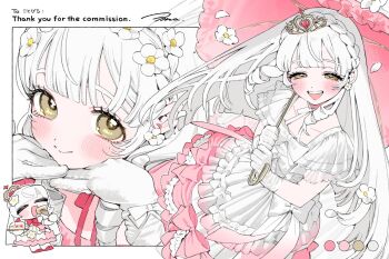 :> blush braid cake chibi commentary_request crown dress flower food holding holding_umbrella long_hair looking_at_viewer multiple_views original pink_skirt ribbon simple_background skirt smile umbrella white_background white_dress white_hair wolrero yellow_eyes