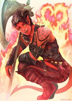 1girl :d absurdres arm_tattoo artist_name asymmetrical_hair asymmetrical_horns axe baldur&#039;s_gate baldur&#039;s_gate_3 battle_axe black_hair boots bracer broken_horn curled_horns demon_girl demon_horns demon_tail dungeons_&amp;_dragons fire glowing_chest harness highres holding holding_axe horns karlach looking_at_viewer multicolored_hair muscular muscular_female o-ring o-ring_harness open_mouth pointy_ears pyrokinesis sidecut slit_pupils smile squatting tail tattoo teeth tiefling two-tone_hair uchi_vs_the_world undercut weapon yellow_eyes