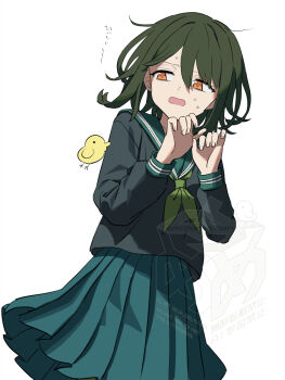 1girl artist_self-insert bird collarbone commentary_request cowboy_shot green_hair green_neckerchief green_sailor_collar green_serafuku green_skirt hair_between_eyes hands_up long_sleeves mechnmechn medium_hair medium_skirt messy_hair neckerchief orange_eyes original pleated_skirt sailor_collar school_uniform serafuku simple_background skirt solo sweatdrop translation_request watermark wavy_mouth white_background