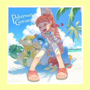 Rule 34 | 1girl, :3, absurdres, against tree, blue sky, border, brown sandals, closed eyes, closed mouth, cloud, commentary request, copyright name, day, gen 1 pokemon, gen 3 pokemon, gen 5 pokemon, haru (pokemon), highres, mudkip, naco oekaki, nintendo, open mouth, outdoors, palm tree, panpour, pansage, pansear, pants, pokemon, pokemon (creature), pokemon concierge, print shirt, psyduck, sandals, shade, shirt, sky, smile, teeth, toes, tree, upper teeth only, white pants, yellow border