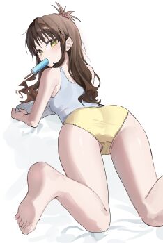 1girl absurdres aco_(aco_7313) ass barefoot brown_hair camisole commentary_request feet food food_in_mouth highres loli long_hair looking_at_viewer panties popsicle popsicle_in_mouth soles solo to_love-ru toes underwear white_background white_camisole yellow_eyes yellow_panties yuuki_mikan