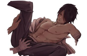 Rule 34 | 2boys, amputee, bandaged arm, bandages, black hair, black male underwear, black pants, bulge, clothes down, collarbone, commentary, disembodied arm, english commentary, hand on another's crotch, highres, leg up, lying, male focus, male underwear, multiple boys, naruto (series), navel, nipples, on back, open fly, out of frame, pants, pectorals, short hair, simple background, solo focus, spread legs, themidnights0ng, topless male, uchiha sasuke, underwear, uzumaki naruto, white background, yaoi