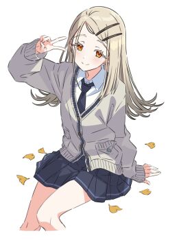 1girl arm_support autumn_leaves black_necktie black_skirt blonde_hair cardigan closed_mouth collared_shirt colored_eyelashes commentary_request cropped_legs dress_shirt earrings feet_out_of_frame flipped_hair gakuen_idolmaster gradient_hair grey_cardigan grey_hair hair_ornament hairclip hand_up highres idolmaster jewelry kousuke0912 leaf long_hair long_sleeves looking_at_viewer miniskirt multicolored_hair necktie orange_eyes parallel_hairclips parted_bangs partially_unbuttoned pleated_skirt shinosawa_hiro shirt simple_background sitting skirt smile solo stud_earrings v white_background white_shirt