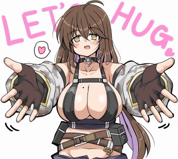 Rule 34 | 1girl, :d, bare shoulders, belt, belt pouch, bikini, bikini top only, black bikini, black choker, black gloves, blush, breasts, brown belt, brown eyes, brown hair, chaos zero nightmare, choker, cleavage, collarbone, colored inner hair, commentary request, cowboy shot, detached sleeves, english text, fingerless gloves, gloves, grey sleeves, groin, hair between eyes, heart, hug invitation, large breasts, long hair, looking at viewer, maribell (chaos zero nightmare), mole, mole on breast, mole under eye, multicolored hair, navel, open mouth, outstretched arms, pouch, purple hair, sidelocks, simple background, skindentation, smile, solo, spoken heart, standing, stomach, swimsuit, tsuzuri (tuzuri), two-tone hair, underbust, white background