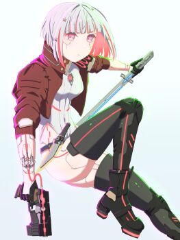 1girl absurdres alternate_costume ass asymmetrical_dual_wielding black_footwear black_thighhighs blunt_bangs bob_cut breasts brown_jacket closed_mouth colored_inner_hair commentary cropped_jacket cyberpunk cyborg dual_wielding foot_out_of_frame grey_hair gun hair_ornament highleg highleg_leotard highres holding holding_gun holding_sword holding_weapon inverted_bob jacket knife leotard link!_like!_love_live! looking_at_viewer love_live! mechanization medium_breasts multicolored_hair open_clothes open_jacket pink_eyes red_hair sheath sheathed shirane_nanimo short_hair simple_background three-quarter_sleeves solo star_(symbol) star_hair_ornament streaked_hair sword thighhighs virtual_youtuber weapon white_background white_leotard yugiri_tsuzuri