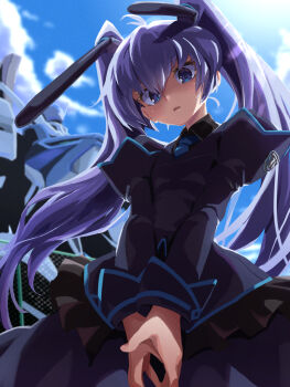1girl animal_ears black_shirt blue_eyes blue_necktie blush collared_shirt dress fake_animal_ears from_below grey_dress grey_hair grey_jacket highres jacket juliet_sleeves long_hair long_sleeves looking_at_viewer mecha mechanical_ears military military_uniform muv-luv muv-luv_alternative necktie open_mouth own_hands_together puffy_sleeves rabbit_ears robot shirt solo tactical_surface_fighter twintails type_94_shiranui un_uniform_(muv-luv) user_rhrh5548 very_long_hair yashiro_kasumi