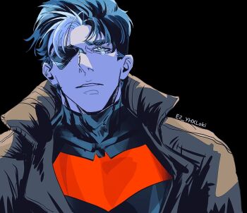 1boy bat_signal batman_(series) batman_symbol black_bodysuit black_hair blue_eyes bodysuit brown_jacket dc_comics e2_yhxloki grey_bodysuit highres jacket jason_todd male_focus multicolored_bodysuit muscular muscular_male open_clothes red_hood_(dc) red_hood_and_the_outlaws short_hair superhero_costume taut_bodysuit two-tone_bodysuit