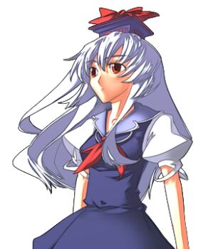 1girl arms_at_sides artist_request bad_anatomy bad_face blue_dress blue_hat breasts collared_dress cowboy_shot dress expressionless facing_ahead floating_hair game_cg hat labyrinth_of_touhou labyrinth_of_touhou_(series) long_hair lowres neck_ribbon non-web_source puffy_short_sleeves puffy_sleeves red_eyes red_ribbon ribbon shirt short_sleeves small_breasts solo touhou transparent_background white_hair white_shirt