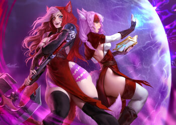 2girls aleriia_v animal_ears armor warrior_of_light_(ff14) axe battle belt_collar blocking blue_eyes book braid breasts brown_eyes cat_ears cat_tail cleavage collar commentary dress energy_barrier english_commentary facial_mark fangs feet_out_of_frame final_fantasy final_fantasy_xiv gloves gluteal_fold green_eyes heterochromia holding holding_axe holding_book holding_weapon large_breasts long_hair medium_breasts miqo&#039;te multicolored_hair multiple_girls open_mouth pelvic_curtain pink_hair red_dress red_hair sabrith_ebonclaw scar scar_across_eye scar_on_face scar_on_nose shoulder_armor sideways_glance simple_background slit_pupils tail tayelle_ebonclaw teeth thighhighs tongue two-tone_hair weapon whisker_markings