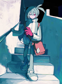 Rule 34 | 1boy, absurdres, black pants, blue eyes, blue hair, blue jacket, blue shoes, closed mouth, commentary request, double-parted bangs, expressionless, full body, griffon0416, hair between eyes, hand on railing, heterochromia, highres, jacket, long sleeves, looking at viewer, male focus, multicolored jacket, pants, puyopuyo, red bag, red eyes, shoes, short hair, sig (puyopuyo), sneakers, solo, stairs, white jacket, zipper, zipper pull tab