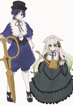1boy 1girl alternate_hair_length alternate_hairstyle aomattya arms_at_sides asymmetrical_sidelocks black_hat black_shoes blue_capelet blue_pants blunt_ends blush bow bright_pupils capelet closed_mouth collar colored_inner_hair colored_tips cosplay cross-shaped_pupils crossdressing crossdressing_(mtf) dress eyelashes footwear_bow frilled_collar frilled_dress frilled_sleeves frills full_body genshin_impact gradient_hair green_dress green_eyes green_hair green_sleeves hair_between_eyes hair_intakes hands_up hat headscarf height_difference highres holding holding_scissors holding_watering_can lace_lappet lappet layered_sleeves long_hair long_sleeves looking_at_viewer multicolored_hair nahida_(genshin_impact) pants pantyhose parody parted_bangs pointy_ears puffy_pants purple_eyes purple_hair rozen_maiden scaramouche_(genshin_impact) scissors shoes sidelocks smile souseiseki split_mouth string suiseiseki symbol-shaped_pupils tareme top_hat tsurime very_long_hair watering_can white_background white_collar white_hair white_headscarf white_pantyhose white_pupils white_sleeves wispy_bangs yellow_pupils