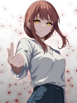 Rule 34 | 1girl, arm at side, blue pants, breasts, chainsaw man, citronroll, closed mouth, commentary request, denim, expressionless, highres, index finger raised, jeans, long sleeves, looking at viewer, makima (chainsaw man), medium breasts, pants, red hair, shirt, shirt tucked in, sidelocks, solo, upper body, white shirt, yellow eyes