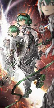 1other 3boys absurdres arknights baimudafeiyu boots floating fluffy_hair from_behind from_side goggles goggles_on_head green_hair green_tail hair_between_eyes highres jacket looking_at_viewer multiple_boys no_eyes orange_eyes parted_lips pointy_ears recursion short_hair snake_tail tail verdant&#039;s_strawman_(arknights) verdant_(arknights) very_long_tail white_jacket