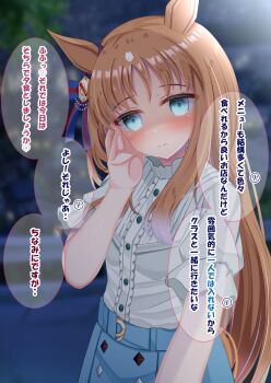 1girl absurdres animal_ears blue_eyes blue_skirt blush bow breasts brown_hair closed_mouth commentary_request ear_bow ear_ribbon grass_wonder_(casual)_(umamusume) grass_wonder_(umamusume) highres horse_ears horse_girl horse_tail long_hair looking_at_viewer lpikamasi puffy_short_sleeves puffy_sleeves shirt short_sleeves skirt small_breasts solo tail translation_request umamusume variant_set white_hair white_shirt