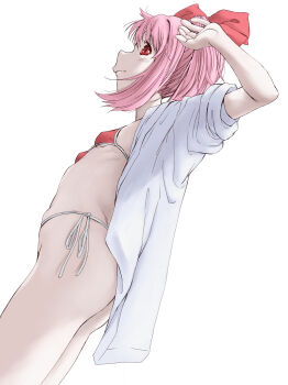 1girl alternate_costume ass ass_peek bikini bow breasts closed_mouth commentary from_below from_side hair_bow hand_up highleg highleg_bikini highres jacket kaname_madoka loli mahou_shoujo_madoka_magica mahou_shoujo_madoka_magica_(anime) marutaya micro_bikini open_clothes open_jacket pink_eyes pink_hair profile red_bow short_hair short_sleeves side-tie_bikini_bottom simple_background small_breasts solo standing string_bikini swimsuit thong_bikini white_background white_jacket