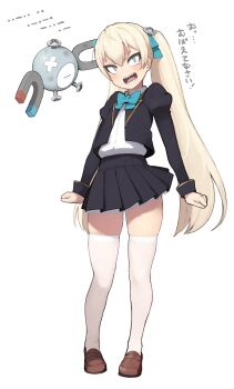 1girl accio aqua_bow aqua_bowtie aqua_ribbon arms_at_sides bad_id bad_pixiv_id black_jacket black_skirt blush bow bowtie brown_shoes clenched_hands collared_shirt commentary_request crossed_bandaids full_body gen_1_pokemon green_eyes hair_ornament hair_ribbon injury jacket juliet_sleeves loafers long_hair long_sleeves looking_at_viewer magne_(accio) magnemite magnet miniskirt morse_code nintendo open_clothes open_jacket open_mouth original pigeon-toed platinum_blonde_hair pleated_skirt pokemon pokemon_(creature) puffy_sleeves ribbon sanpaku school_uniform screw screw_hair_ornament sharp_teeth shirt shirt_tucked_in shoes simple_background skindentation skirt slit_pupils solo_focus standing tearing_up tears teeth thighhighs tsurime twintails v-shaped_eyebrows very_long_hair white_background white_shirt white_thighhighs wing_collar zettai_ryouiki
