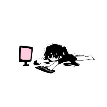 black_eyes black_hair channel_(caststation) channel_(caststation)_(character) computer computer_keyboard computer_mouse highres long_hair lying screen tagme