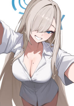 1girl absurdly_long_hair asuna_(blue_archive) blonde_hair blue_archive blue_eyes blue_halo blue_ribbon breasts cleavage commentary grin hair_over_one_eye hair_ribbon halo harui_(huruyi_817) highres large_breasts long_hair mole mole_on_breast reaching reaching_towards_viewer ribbon shirt simple_background smile solo very_long_hair white_background white_shirt