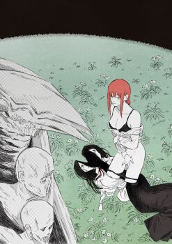 Rule 34 | 2girls, absurdres, black bra, black panties, bra, breasts, chainsaw man, darkness devil, expressionless, female masturbation, fingering, grass, highres, kneeling, lace, lace bra, large breasts, looking at another, makima (chainsaw man), masturbation, medium hair, multiple boys, multiple girls, on ground, open clothes, open shirt, panties, panty pull, princi (chainsaw man), senaka look, shirt, sidelocks, underwear, white shirt