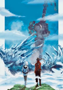 1boy 1girl black_hair black_pants grey_hair high_ponytail highres jacket long_hair mio_(xenoblade) noah_(xenoblade) pants ponytail red_jacket short_hair toosut0 white_jacket wide_shot xenoblade_chronicles_(series) xenoblade_chronicles_3