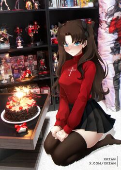 1girl absurdres artist_name birthday_cake black_skirt black_thighhighs blue_eyes blush book box breasts brown_hair cake candle closed_mouth command_spell cross cross_print dakimakura_(object) ereshkigal_(fate) fate/apocrypha fate/grand_order fate/stay_night fate_(series) figure food full_body gift gift_box hair_ribbon highres indoors ishtar_(fate) ishtar_(swimsuit_rider)_(fate) k-on! long_hair medium_breasts miniskirt mordred_(fate) mordred_(memories_at_trifas)_(fate) neon_genesis_evangelion pandinus photo_background pillow pleated_skirt ram_(re:zero) re:zero_kara_hajimeru_isekai_seikatsu red_sweater rem_(re:zero) ribbon scathach_(fate) seiza shelf sitting skirt souryuu_asuka_langley sweater tainaka_ritsu thighhighs tohsaka_rin tohsaka_rin_(fate/extra) toradora! turtleneck turtleneck_sweater two_side_up very_long_hair xkzan zettai_ryouiki