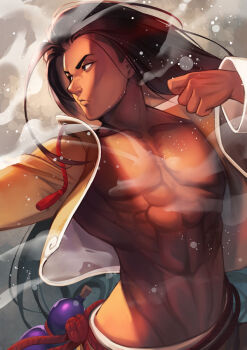 1boy abs arm_up bare_pectorals brown_eyes closed_mouth commentary_request cowboy_shot cropped_jacket dark-skinned_male dark_skin gourd groin hair_down hinoru_saikusa jacket jamie_siu long_hair long_sleeves male_focus open_clothes open_jacket pectorals red_rope rope rope_belt smoke solo street_fighter street_fighter_6 very_long_hair