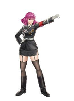 absurdres armband black_cape black_jacket black_necktie black_skirt blue_eyes cape commission gloves gundam gundam_zz haman_karn hand_on_own_hip highres jacket medal military_uniform necktie outstretched_arm pink_hair pixiv_commission red_armband serious shirt simple_background skirt swastika thighs unicron_(brous) very_long_cape waffen-ss white_background white_gloves white_shirt zeta_gundam