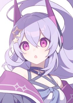 1girl :o black_jacket commentary_request dress floating_hair hair_between_eyes hair_ornament headgear hijiri_(resetter) jacket looking_at_viewer nayuta_(hijiri) off_shoulder open_clothes open_jacket original parted_lips purple_eyes purple_hair simple_background solo star_(symbol) star_hair_ornament upper_body white_background white_dress