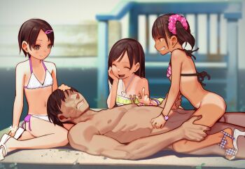 1boy 3girls ^_^ age_difference bdsm bikini bikini_tan black_hair blurry blush bottomless breasts censored clenched_teeth closed_eyes closed_mouth clothed_female_nude_male cowgirl_position depth_of_field faceless faceless_male flat_chest girl_on_top grin high_heels highres loli muk_(monsieur) multiple_girls nude open_mouth outdoors pink_bikini pink_scrunchie scrunchie sex short_hair sitting small_breasts smile straddling swimsuit tan tanline teeth twintails white_bikini white_legwear yokozuwari