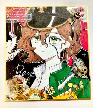 1991 1girl ambiguous_red_liquid black_background black_hat brown_hair bug butterfly cape character_name gears green_cape green_eyes hand_up hat highres insect jiedu_(gedoku_1) key looking_up mole mole_under_eye parted_lips photo_(medium) portrait recoleta_(reverse:1999) reverse:1999 shikishi shirt short_hair solo traditional_media white_shirt