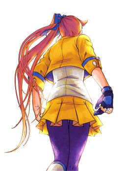 Rule 34 | 1girl, ace attorney, athena cykes, black gloves, black pantyhose, blue bow, bow, commentary request, cropped jacket, from behind, gloves, hair bow, highres, jacket, long hair, orange hair, pantyhose, partially fingerless gloves, pleated skirt, ragi (od6fine), shirt, side ponytail, single glove, skirt, solo, three-quarter sleeves, very long hair, white background, white shirt, yellow jacket, yellow skirt