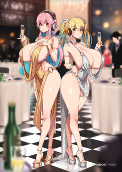 Rule 34 | 2girls, ballroom, bare shoulders, blonde hair, blue hair, blurry, blurry background, blurry foreground, bracelet, breasts, champagne flute, checkered floor, cleavage, closed mouth, collarbone, cup, depth of field, dress, drinking glass, feet, full body, grey dress, headphones, high heels, huge breasts, indoors, jewelry, long hair, multicolored hair, multiple girls, night, nitroplus, open mouth, pink eyes, pink hair, revealing clothes, sideboob, smile, standing, stiletto heels, super pochaco, super sonico, toes, twintails, two-tone hair, virus-g, yellow dress, yellow eyes