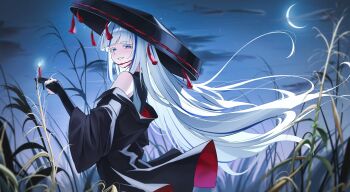 Rule 34 | 1girl, absurdres, alternate costume, aokumo rin, bare shoulders, black coat, black hat, blue eyes, blue hair, blue streaks, bridal gauntlets, candlestand, coat, commentary request, crescent moon, from behind, half-closed eyes, hand up, hat, highres, holding, holding candlestand, korean commentary, large hat, long hair, looking at viewer, moon, multicolored coat, multicolored hair, multicolored hat, night, off shoulder, outdoors, red coat, red hat, smile, solo, standing, stellive, teeth, tiokun7, two-tone coat, two-tone hair, two-tone hat, upper body, very long hair, white hair