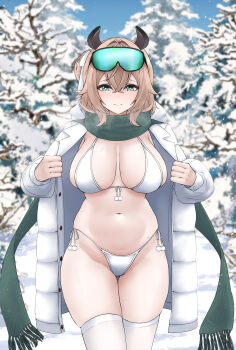 1girl absurdres aidoruhakase animal_ears bikini blush breasts breath brown_hair coat cowboy_shot green_eyes green_scarf highres indie_virtual_youtuber large_breasts nimi_nightmare open_clothes open_coat outdoors scarf snow solo swimsuit tapir_ears thighhighs virtual_youtuber white_bikini white_coat white_thighhighs